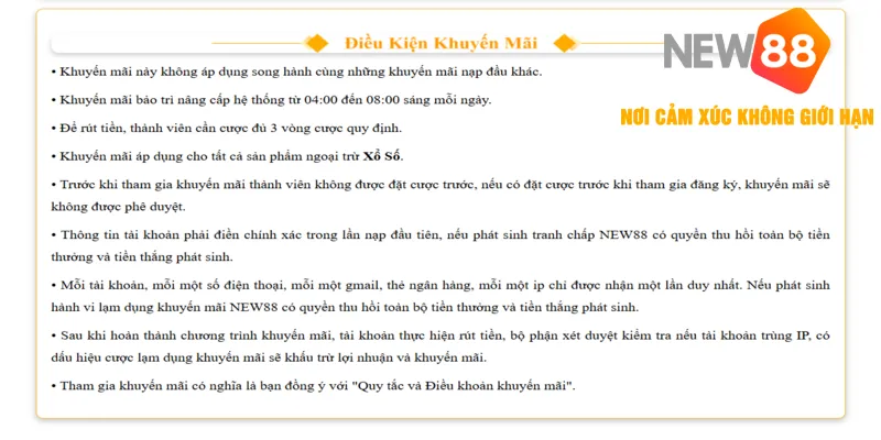 Tặng Nạp Lần Đầu NEW88 - Sự Kiện Nhận Quà Hấp Dẫn 2025 3 Điều khoản đáp ứng để nhận thưởng nạp tiền tại nhà cái